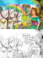 cartoon scene with young princess watching two white horses near beautiful medieval castle waterfall and rainbow with coloring page illustration for children