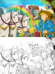 cartoon scene with prince or king near some beautiful rainbow waterfall and medieval castle illustration for children 