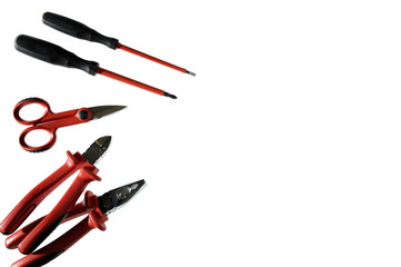 Close up from above of work tools on electrical installations, isolated on white background