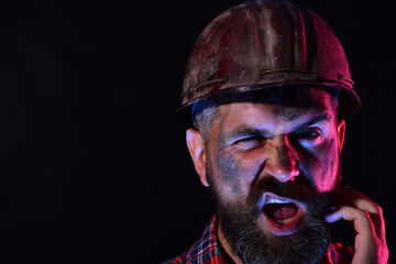 Fototapeta premium Man with itchy face isolated on black background, copy space