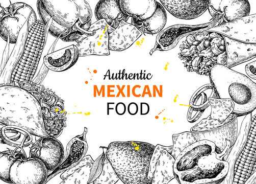 Mexican food sketch label in frame. Vector Traditional cuisines 