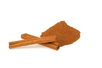 cinnamon ground, cinnamon sticks isolated on white background