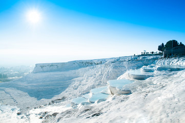 beautiful landscape of Travertine pools and terraces in Pamukkale, Denizili, Turkey