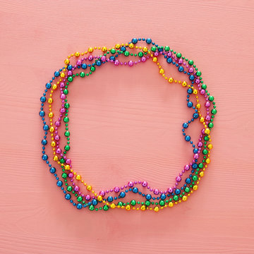 Top view image of colorful beads. Flat lay. Copy space.