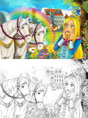 cartoon scene with young princess watching two white horses near beautiful medieval castle waterfall and rainbow with coloring page illustration for children
