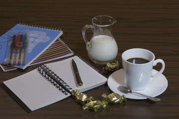 Espresso Coffee Cup and Milk in a Jug. Business break.
