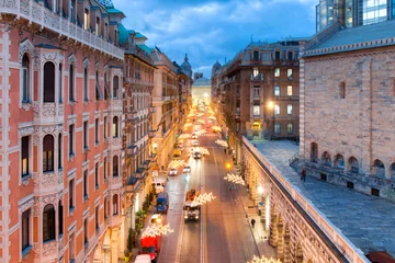Poster View from the top of Viale XX Settembre in Genoa, Piazza De Ferrari in the background. Christmas lights along the avenue. Christmas lights along the avenue. © EurekA_89 Gervasio S