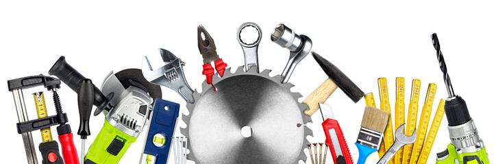 DIY tools collage concept with copy space and circular saw blade isolated on white wide panorama...