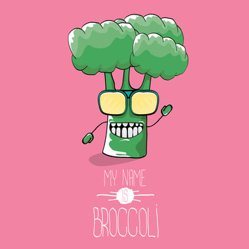 vector funny cartoon cute green smiling broccoli character isolated on pink background.