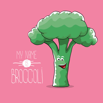 vector funny cartoon cute green smiling broccoli character isolated on pink background.