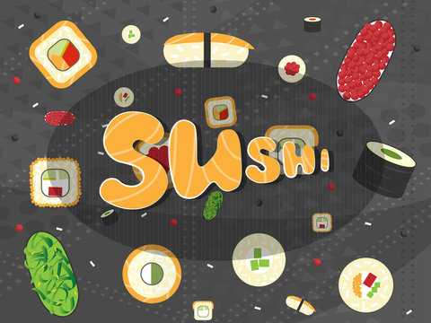vector background of sushi and rolls with place for text