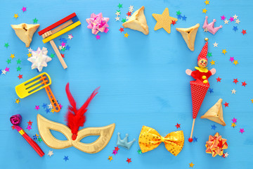 Purim celebration concept (jewish carnival holiday). Top view.