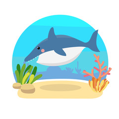 Sea animals with landscape - cute cartoon illustration of shark