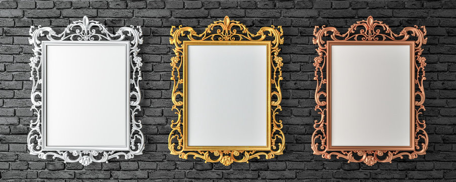 Canvas with vintage gold,silver,broze frames on brick wall of the gallery 3d render