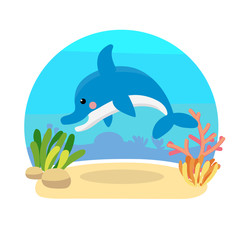 Sea animals with landscape - cute cartoon illustration of dolphin