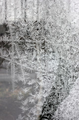 Winter gray frosty pattern on the windowpane