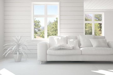 Idea of white room with sofa and summer landscape in window. Scandinavian interior design. 3D illustration