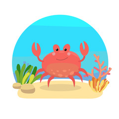 Sea animals with landscape - cute cartoon illustration of crab