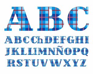 Spanish alphabet, font, plaid, blue, vector. Uppercase letters of the Spanish alphabet. Letters with serifs. Checkered vector font. Blue squares and thin red line.  