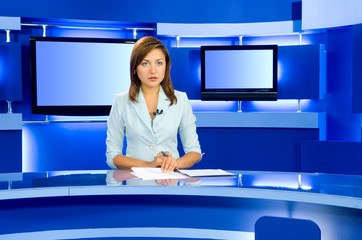 television anchorwoman at TV studio