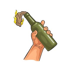 Male hand holding Molotov Cocktail. Flat vintage vector illustration.
