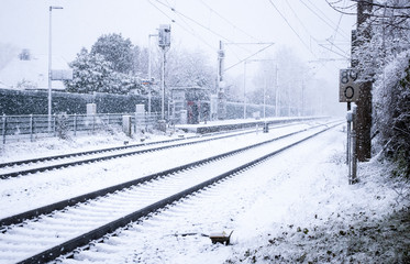 Bahnschienen im Winter, Zugverkehr in Schleswig-Holstein, Deutschland  - 188712540