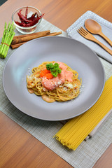 salmon spaghetti. pasta salmon on the table