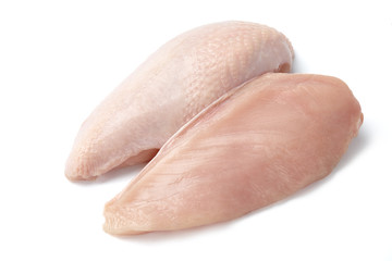 Raw chicken fillet with and without skin isolated on white background