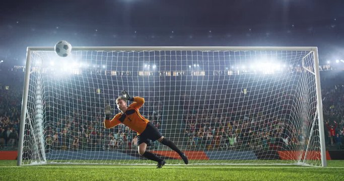 Soccer goalkeeper in action on professional stadium