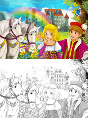 cartoon scene with young princess and prince - happy couple - watching two white horses near beautiful medieval castle waterfall and rainbow - scene with coloring page illustration for children