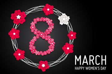8 march women's day greeting card. Happy Women's Day.  Card for 8 March women's day. Abstract background with paper flower. Vector illustration.