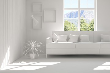 Idea of white room with sofa and summer landscape in window. Scandinavian interior design. 3D illustration