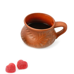 Coffee cup and marmalade candies isolated on white background.Flat lay, top view.