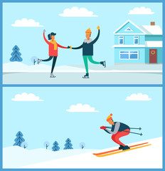 Skating Couple and Skier Set Vector Illustration