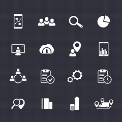 16 business icons set, reports, statistics, indices pictograms on dark