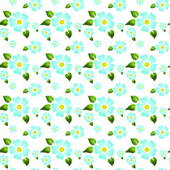 Seamless pattern with big and small flowers with blue petals and green leaves on white background decoration, fabric, wrapping paper, background, textile