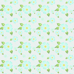 Seamless pattern with blue flowers, green leaves and dotted lines in subdued tone of colour on light grey background for texture, textile, wallpaper, wedding set, decoration, fabric
