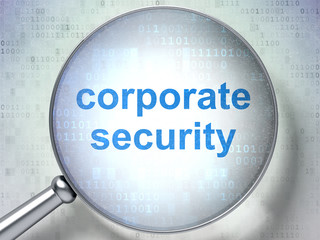 Protection concept: magnifying optical glass with words Corporate Security on digital background, 3D rendering