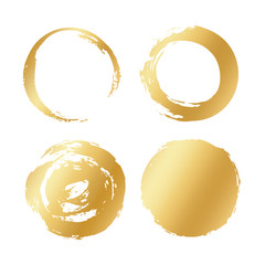 Vector set of gold different round brush strokes. Circle black frame painted. Abstract vector design element