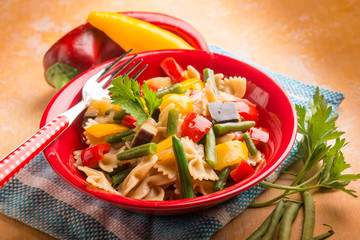 pasta with capsicum green beans eggplant, selective focus