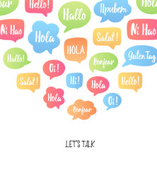 Color speech bubbles poster. Vector illustration with hello in different languages: hi, hallo, bonjour, hola etc. Communication with people from different countries concept. Good for language courses
