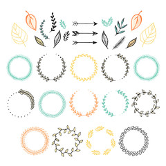 Hand drawn autumn set of doodles, arrows, branches, leaves and floral frames in circle. Objects isolated on white. Design elements, decor