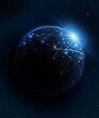 Planet earth with sunrise and technology network. vector illustration