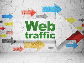Web design concept:  arrow with Web Traffic on grunge textured concrete wall background, 3D rendering