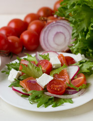Fresh salad from salmon, salted cheese and vegetables.