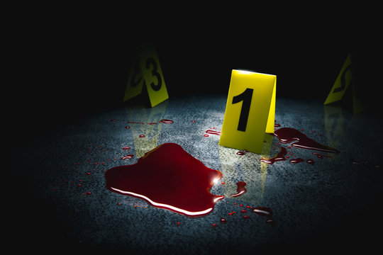evidence markers on the floor with blood puddle, high contrast image