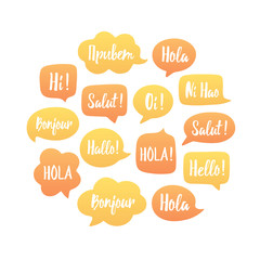 Yellow and orange Speech bubbles illustration in circle. Vector background of bubbles with word hello in different languages: hi, hallo, hola etc. Communication people concept. Vector illustration © Anastasiia23
