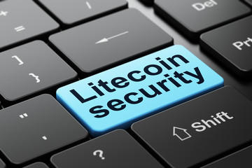 Blockchain concept: computer keyboard with word Litecoin Security, selected focus on enter button background, 3D rendering