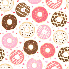 Fototapeta na wymiar Seamless pattern of color glazed donuts and little pink hearts on white. Vector illustration