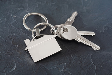 estate concept with key, keychain with house symbol, stone background